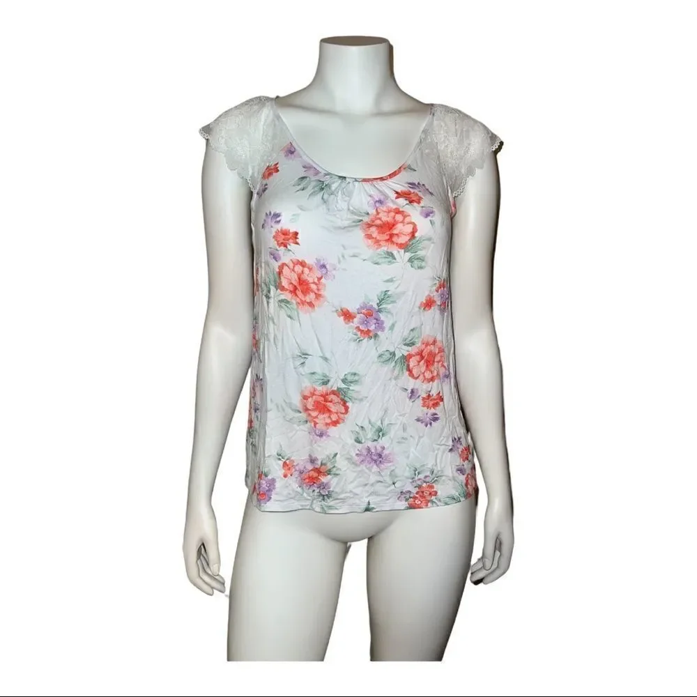 Charter Club White Blossoms Lace Short Sleeve PJ Top Extra Small NWT